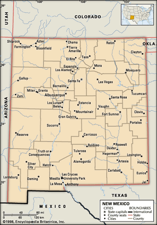 New Mexico. Political map: boundaries, cities. Includes locator. CORE MAP ONLY. CONTAINS IMAGEMAP TO CORE ARTICLES.