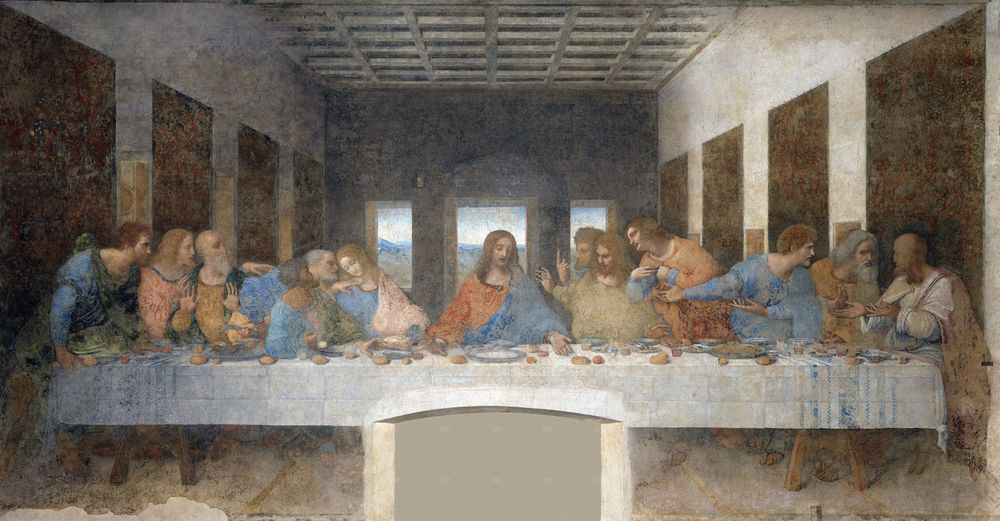 Fresco of "The Last Supper," c. 1495 by Leoanrdo da Vinci, Santa Maria delle Grazie, Milan, Italy.