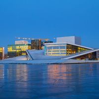 Night view of the Opera House and new business quarter, Oslo, Norway.