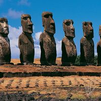 Panoramic view of moai, Ahu Tongariki, Easter Island (Rapa Nui), Chile