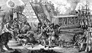 English engraving celebrating the blockade of Louisbourg