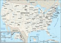 A map of the states, boundaries, and capital cities of the United States, along with the bodies of water and other counties surrounding the U.S.