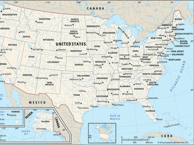 A map of the states, boundaries, and capital cities of the United States, along with the bodies of water and other counties surrounding the U.S.