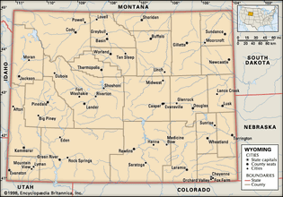 Wyoming. Political map: boundaries, cities. Includes locator. CORE MAP ONLY. CONTAINS IMAGEMAP TO CORE ARTICLES.