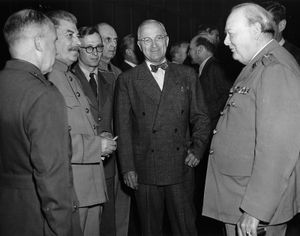 Harry S. Truman, Winston Churchill, and Joseph Stalin at the Potsdam Conference