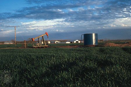 Oil rig in a wheat field