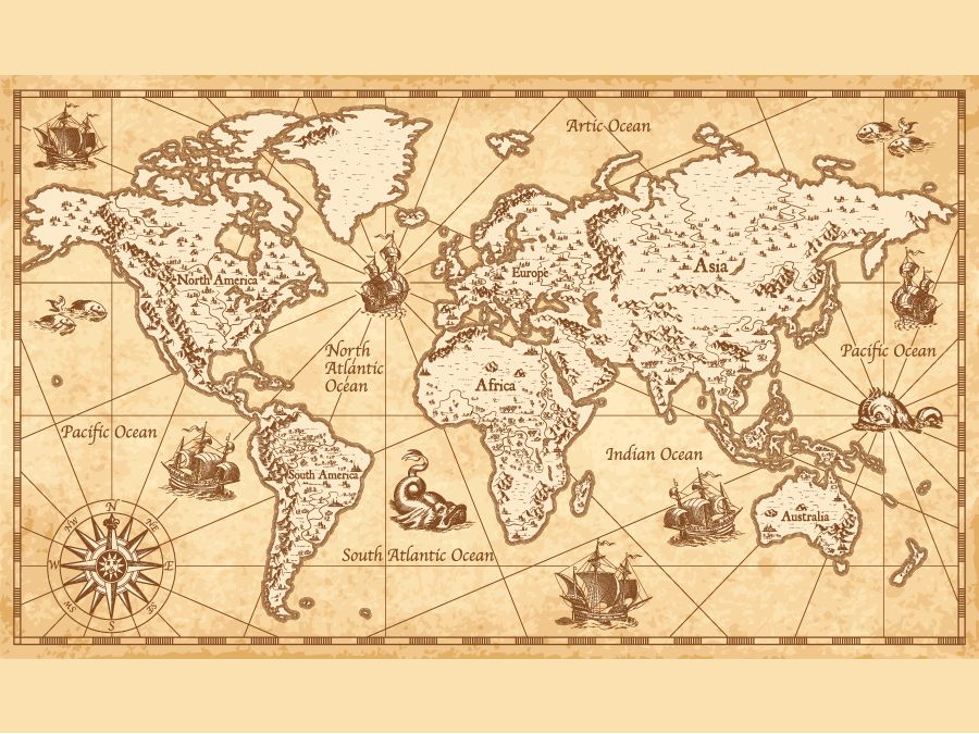 Vintage, old-timey world map for Former Names of Current Places Quiz.