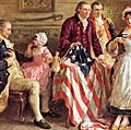 Betsy Ross showing George Ross and Robert Morris how she cut the stars for the American flag; George Washington sits in a chair on the left, 1777; by Jean Leon Gerome Ferris (published c. 1932).