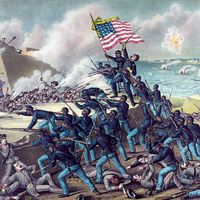 54th Massachusetts Regiment. "Storming Fort Wagner," by Kurz & Allison, c. 1890. Depicts the assault on the S.C. fort on 7/18/1863. American Civil War, 54th Regiment Massachusetts Infantry, 1st all African-American regiment, black soldiers, black history