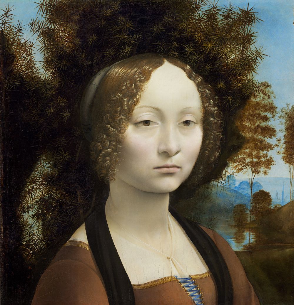 Ginevra de' Benci - oil on panel by Leonardo da Vinci, 1474-78; in the National Gallery of Art, Washington, D.C.