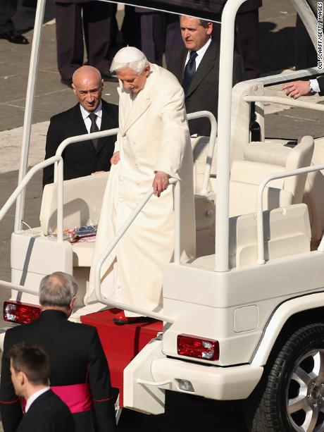 VATICAN CITY, VATICAN - FEBRUARY 27:  Pope Benedict XVI disembarks the Popemobile in St Peter&#39;s Square on February 27, 2013 in Vatican City, Vatican.  The Pontiff has attended his last weekly public audience before stepping down tomorrow. Pope Benedict XVI has been the leader of the Catholic Church for eight years and is the first Pope to retire since 1415. He cites ailing health as his reason for retirement and will spend the rest of his life in solitude away from public engagements.  (Photo by Oli Scarff/Getty Images)