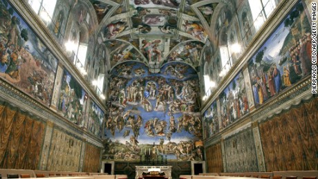 Picture shows the Sistine Chapel with Michelangelo&#39;s fresco &#39; The Last Judgment &#39; at the Vatican, 16 April 2005. Cardinals start their conclave in the frescoed Sistine Chapel on April 18 and will vote twice a day thereafter until one candidate has reached a majority of two thirds plus one. (Photo credit should read PIERPAOLO CITO/AFP/Getty Images)