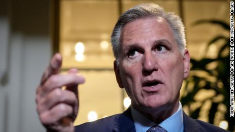 Rep. Kevin McCarthy addresses reporters after a House Republican caucus meeting at the U.S. Capitol on September 19, 2023 in Washington, DC. 