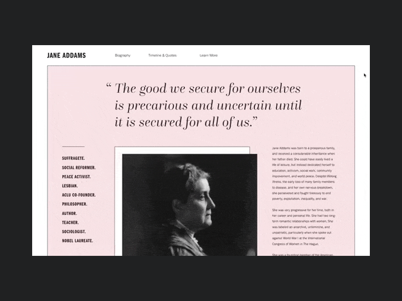 Jane Addams Landing Page Detail adobe xd biography feminist franklin gothic jane addams landing page profile questa grande quotes timeline vintage