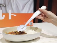 This photo taken on May 20, 2024, shows a spoon developed by Kirin Holdings Co. that uses a faint electrical current to enhance salty and umami flavors, with online sales of the product to start the same day priced at 19,800 yen ($125). (Kyodo) 