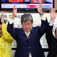 当選確実となり万歳する萩生田光一氏（中央）＝東京都八王子市で2024年10月28日午前0時5分、幾島健太郎撮影