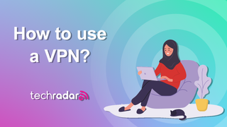 Illustration of a Muslim lady using a VPN on her laptop, with a cat curled up at her feet