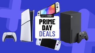 PS5, Xbox Series X, Nintendo Switch OLED, and Asus ROG Ally on a blue background with Prime Day deals badge