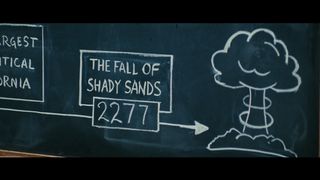 A blackboard showing the fall of Shady Sands in 2277 and a mushroom cloud next to it