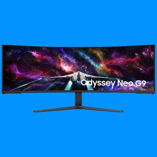 Samsung Odyssey Neo G9 G95NC on a blue background