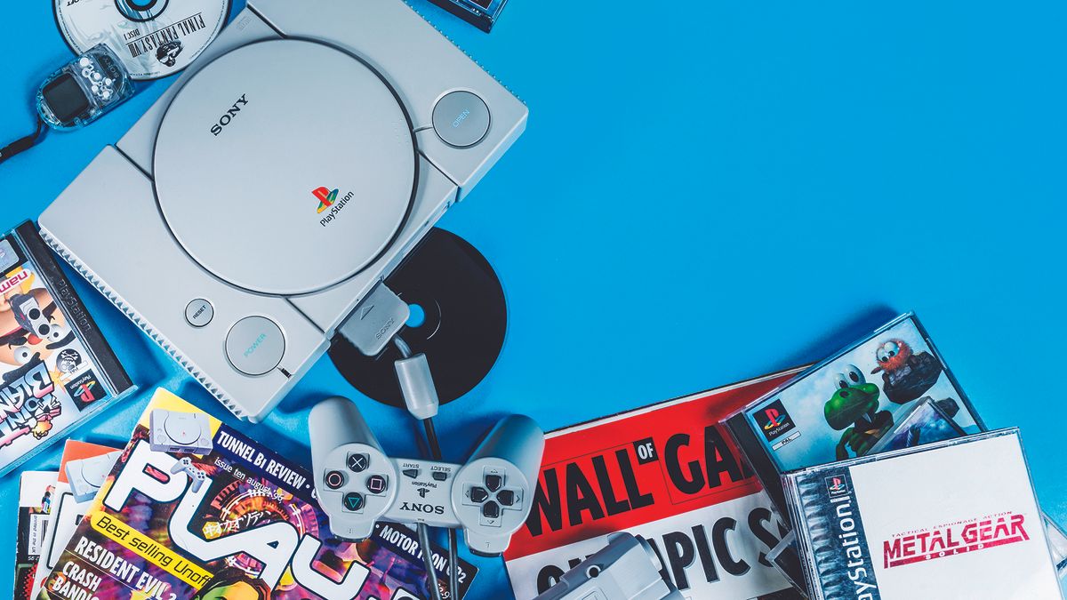 Best PS1 Games: a picture of a PS1 console next to a collection of games. 