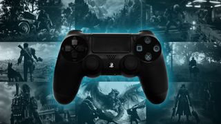 Best PS4 games: a screenshot of a PS4 controller in front of a collection of games. 