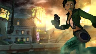 Jade runs through a town with a camera in hand in Beyond Good and Evil