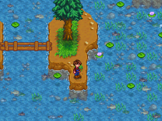 A Stardew Valley farmer standing on a small island, surrounded by visible fish