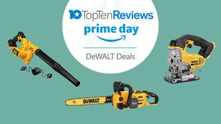 amazon prime day dewalt deals with a selection of dewalt products on a green background