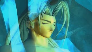 Best PS1 games – FF7 screenshot with a character sleeping in a glass chamber.