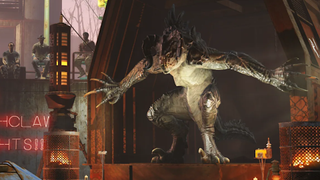 A deathclaw from Fallout 4 clings to the edges of its cage, ready to do battle.