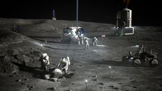 illustration showing four astronauts in white spacesuits working on the surface of the moon