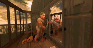 Doom 2 with ray tracing enabled showing marine looking at himself in a mirror