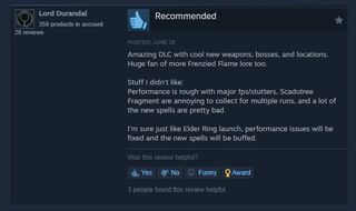 A positive Shadow of the Erdtree review, listing performance issues as its main complaint in an otherwise positive experience.