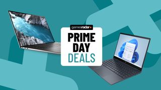 Amazon Prime Day badge with laptops either side on a blue background.