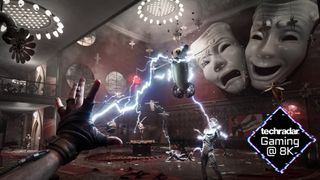 Screenshot of Atomic Heart with enemies getting electrocuted and TechRadar Gaming @ 8K logo