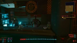 Cyberpunk 2077 I Fought The Law quest - an NPC at a Rentatsu stall