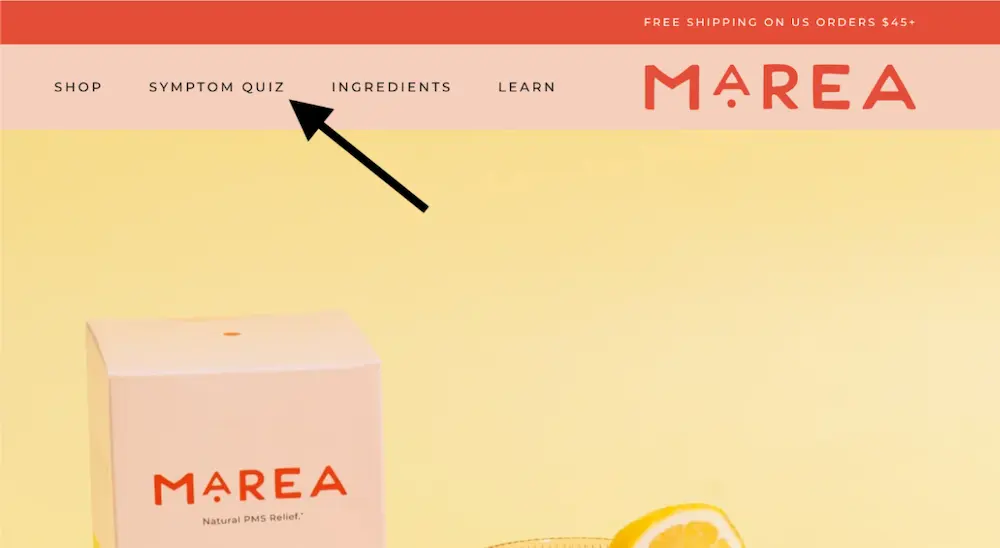 Marea's navigation bar includes four options: Shop, Symptom Quiz, Ingredients, and Learn.