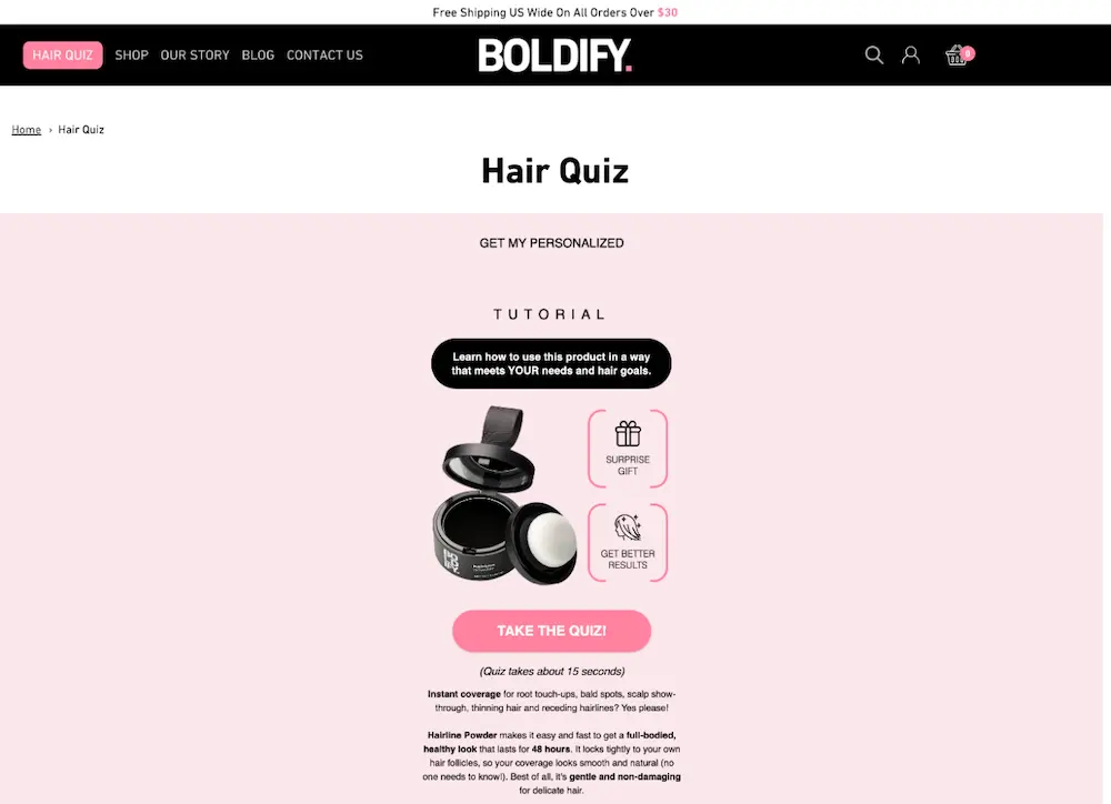 Landing page for custom tutorial quiz from Boldify. Subheadline reads, "Learn how to use this product in a way that meets YOUR needs and hair goals."