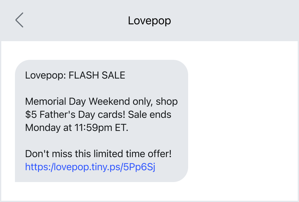 Lovepop’s flash sale text marketing campaign. 