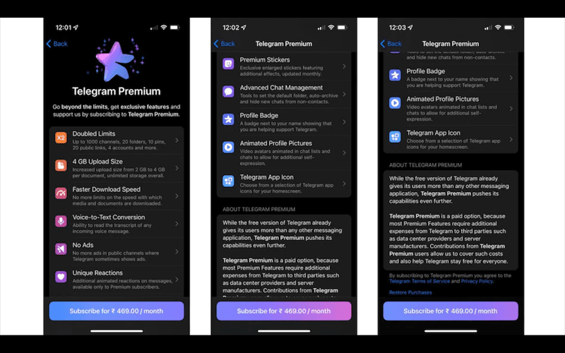 This is an image of the benefits of Telegram Premium. If you're using Telegram for business and frequently send heavy resources over, consider subscribing to Telegram Premium for its benefits. These include a 4GB limit for file uploads, faster downloads, exclusive stickers and better chat management among others. Only those who regularly send large files should subscribe to the premium plan — others can get by with the free version. In an October 2022 update, Telegram lowered the price of Telegram Premium for customers in India by more than half.