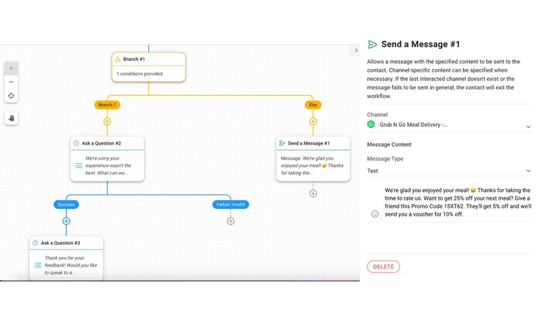 لقطة شاشة لاستخدام respond.io أدوات سير العمل ل WhatsApp تسويق. يمكن للعملاء الراضين المساعدة في WhatsApp التواصل عن طريق إرسال رمز ترويجي إلى أصدقائهم. 