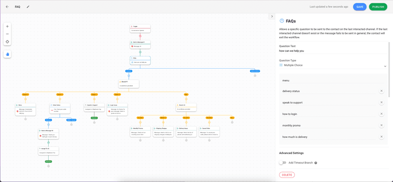 Cette image décrit comment automatiser les réponses avec les flux de travail de respond.io . Les entreprises peuvent définir jusqu'à 10 FAQ et des réponses à l'aide de questions à choix multiples.