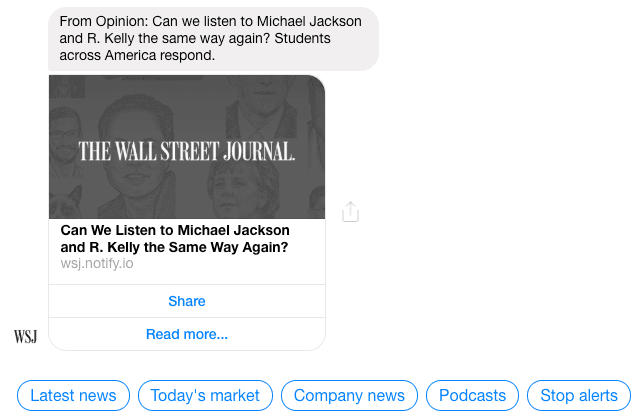 Wall Street Journal messenger pazarlama kampanyasından bir R.Kelly son dakika haberi bildirimi