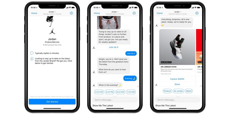 Air Jordan Facebook Messenger Pazarlama Kampanyasındaki bot etkileşimlerini gösteren 3 parçalı bir görüntü