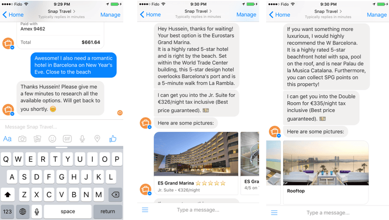 SnapTravel Conversations on Facebook Messenger