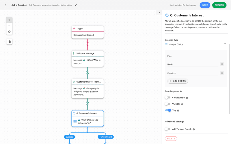 This is an image on how to ask a Multiple Choice Question. Multiple Choice Questions are like a Conversational form. They are a handy way to limit responses to a predetermined list of options. In Multiple Choice Questions, customers are required to respond with one of the options. To allow for Automated Data Capture, store the response in a Contact Field, Tag, or a Variable.