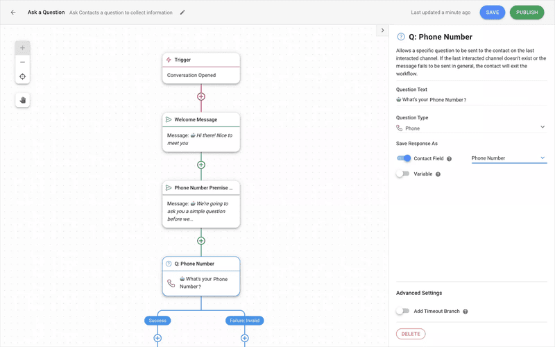 Dies ist ein Bild, das zeigt, wie man eine Telefonnummernfrage in einem respond.io's Workflow stellt. Telefonnummernfragen sind dazu gedacht, Telefonnummern von Kunden zu sammeln. Sie ähneln dem Ian iteractive-Datenerfassungsformular. Eine akzeptable Antwort auf eine Telefonnummernfrage würde die Landes- und Ortsvorwahl enthalten. Um die automatische Datenerfassung zu aktivieren, sollten Sie die erhaltene Telefonnummer im Telefonnummernfeld speichern. 