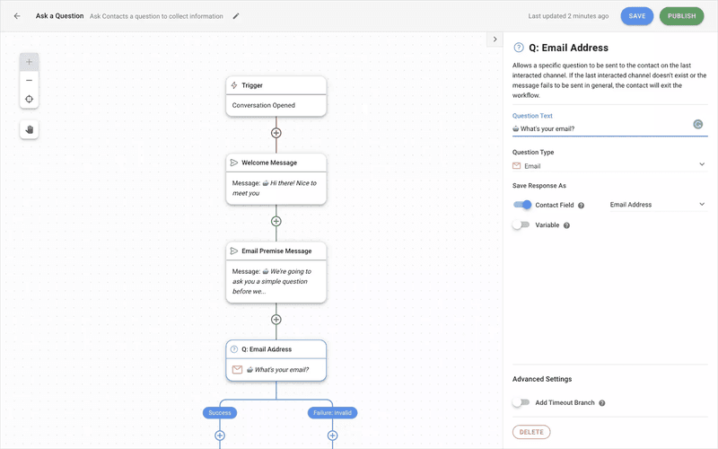 Questa è un'immagine su come fare una domanda via e-mail. Emal question bot è perfetto per raccogliere gli indirizzi e-mail dei clienti. Il bot Email Question funziona come un modulo di raccolta dati - accetta solo un indirizzo email valido. Un esempio di indirizzo email valido è user@email.com. Per consentire la cattura automatica dei dati, si consiglia di salvare la risposta a una domanda aperta come una variabile. 