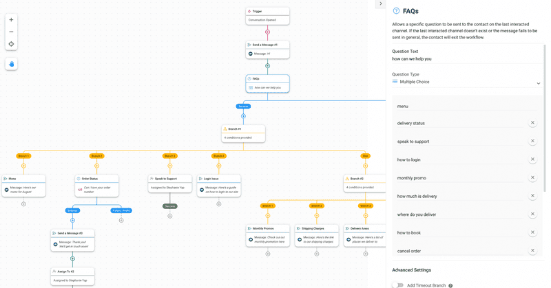 Esta é uma captura de ecrã que mostra os passos para automatizar as respostas às FAQ nos fluxos de trabalho do respond.io.